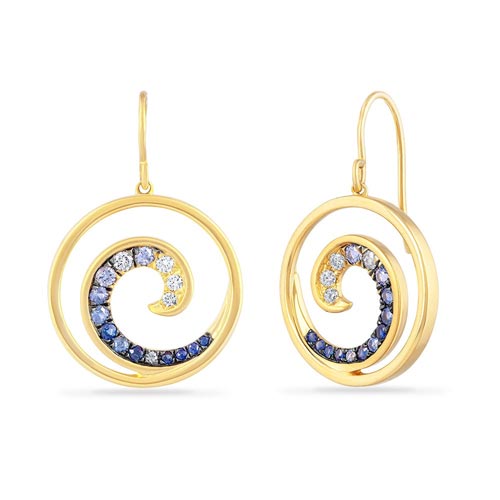 14k Yellow Gold Sapphire and Diamond Wave Dangle Earrings