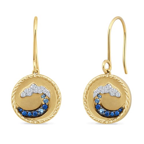 14k Yellow Gold Blue Sapphire and Diamond Wave Earrings with French Wire