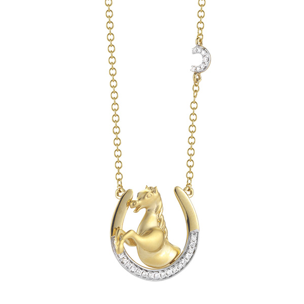 14k Yellow Gold Horse On Diamond Horseshoe Necklace