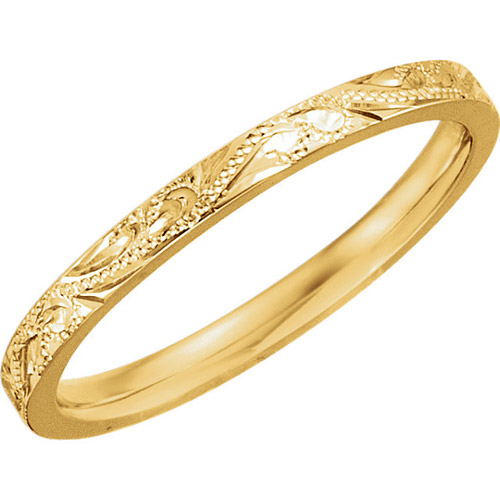 14k Yellow Gold 2mm Hand Engraved Floral Wedding Band Comfort Fit ...