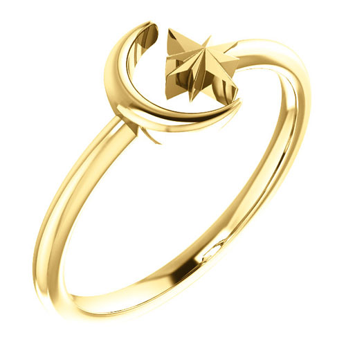 14k Yellow Gold Crescent Moon and Star Ring