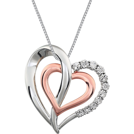 Rose Gold Plated Sterling Silver Diamond Hearts 18in Necklace JJ650195