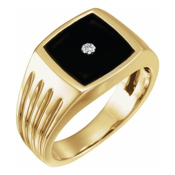 14k Yellow Gold Men's Square Onyx Ring with Diamond Accent