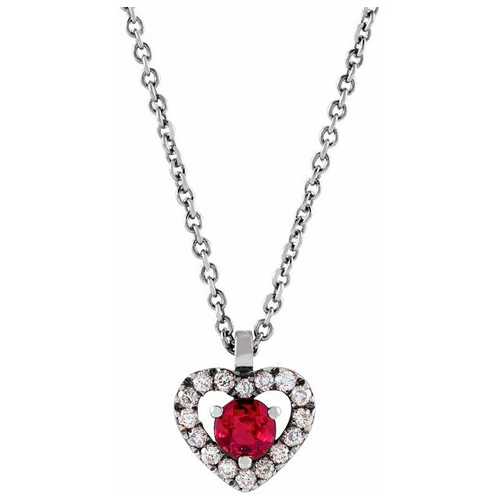 14k White Gold 1/6 ct tw Ruby Heart Necklace with Diamonds