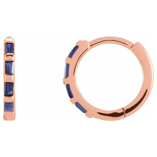 14k Rose Gold Blue Sapphire Baguette Huggie Hoop Earrings