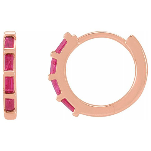 14k Rose Gold Ruby Baguette Huggie Hoop Earrings