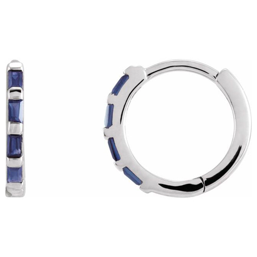 14k White Gold Blue Sapphire Baguette Huggie Hoop Earrings