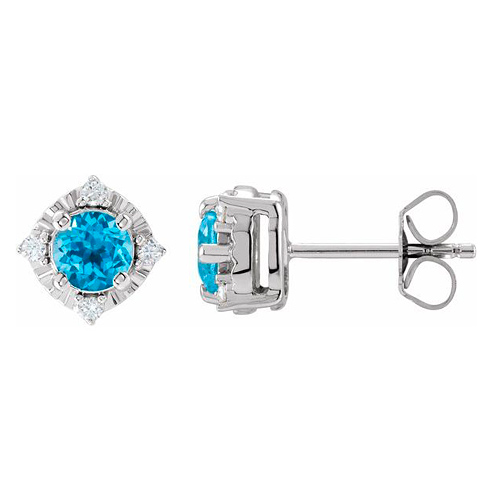 Sterling Silver .9 ct Sky Blue Topaz Halo Earrings with Diamonds