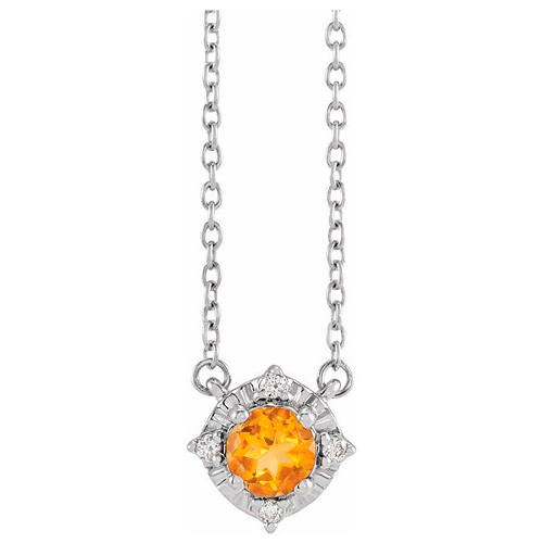 Sterling Silver .50 ct Citrine Halo Necklace with Diamond Accents