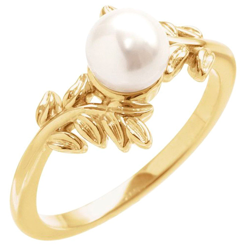 14k Yellow Gold 6mm Akoya Cultured Pearl Ring With Floral Design