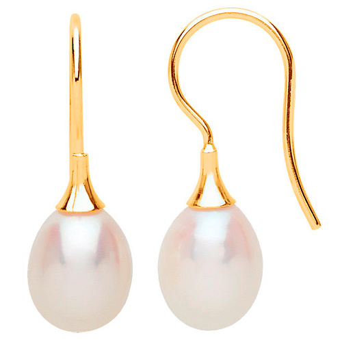 14k Yellow Gold 8mm Drop Freshwater Cultured Pearl Wire Earrings 