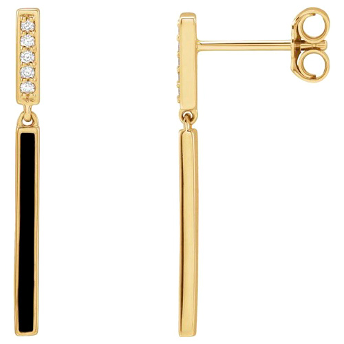 14k Yellow Gold .06 ct tw Diamond and Black Enamel Bar Earrings 