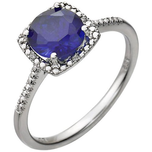 Sterling Silver 7mm Created Sapphire Ring with Diamonds