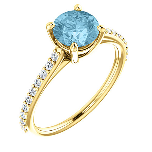 14kt Yellow Gold 1 ct Round Aquamarine and 1/5 ct Diamond Ring