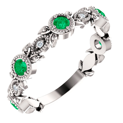 14k White Gold Emerald and Diamond Leaf Ring