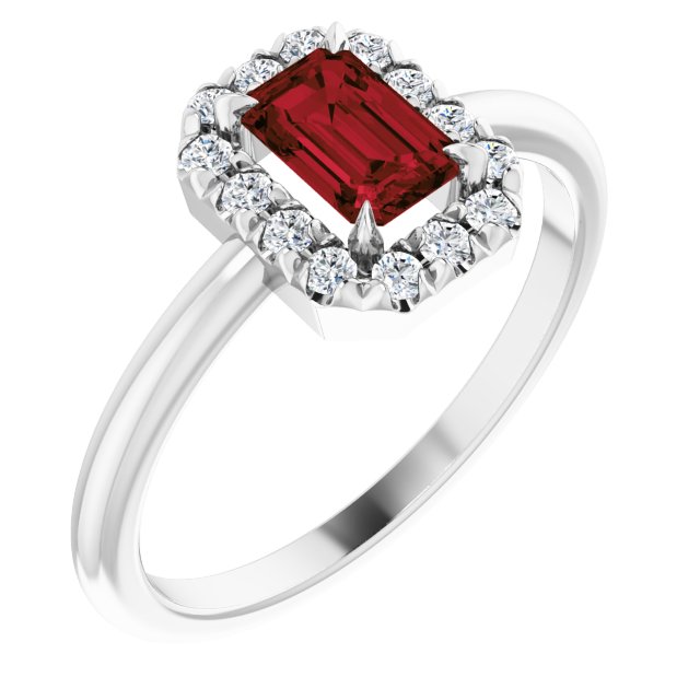 14k White Gold Emerald-cut Garnet and Diamond French-set Halo Ring