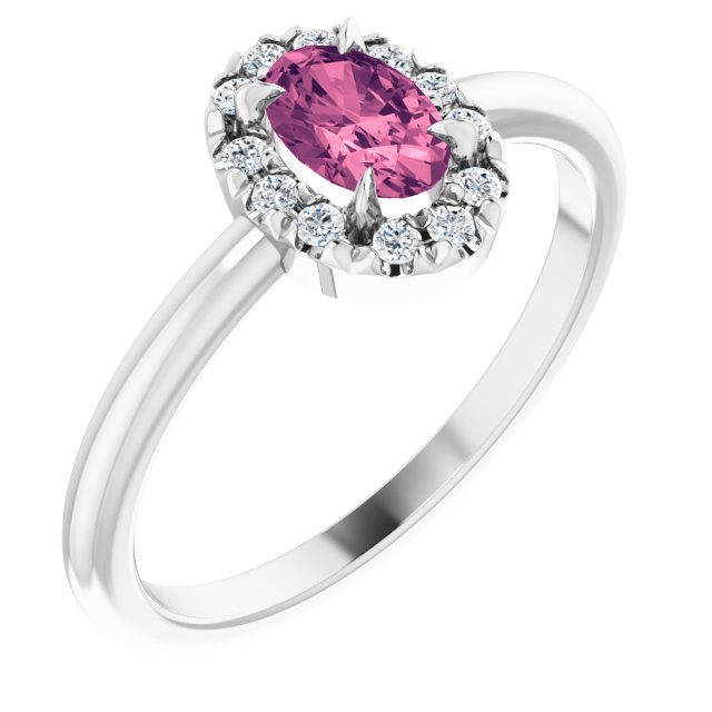 14k White Gold Oval Pink Tourmaline and Diamond French-set Halo Ring