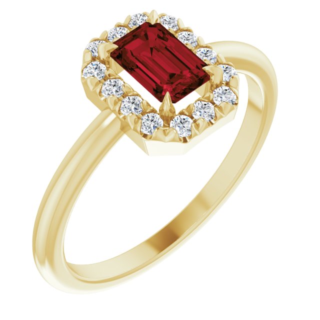 14k Yellow Gold Emerald-cut Garnet and Diamond French-set Halo Ring