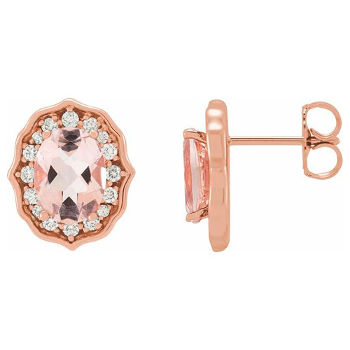 14k Rose Gold Vintage Inspired 2.4 ct tw Peach Morganite Earrings with Diamonds