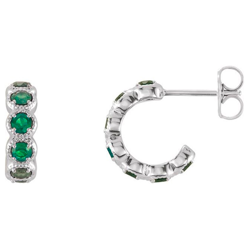 14k White Gold Lab Grown Emerald Huggie Earrings