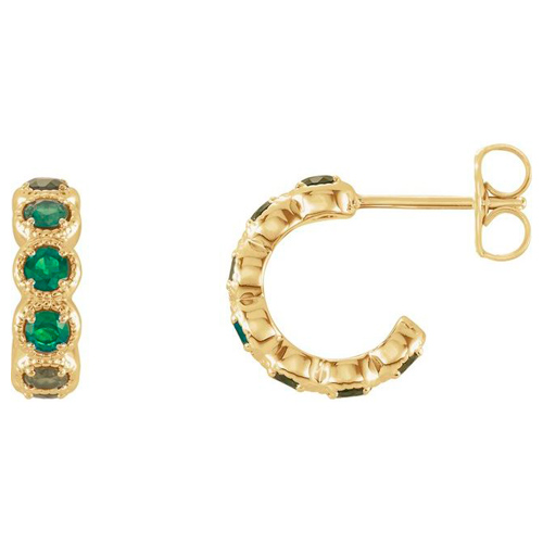 14k Yellow Gold Lab Grown Emerald Huggie Earrings