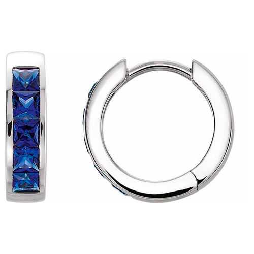 14k White Gold Created Princess Cut Blue Sapphire Hoop Earrings 