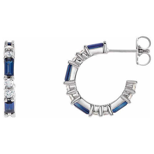 14k White Gold Baguette Cut Blue Sapphire and 1/2 ct tw Diamond Hoop Earrings