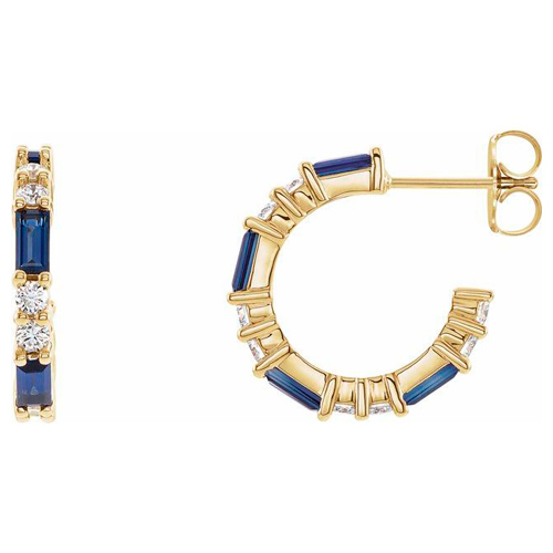 14k Yellow Gold Baguette Cut Blue Sapphire and 1/2 ct tw Diamond Hoop Earrings