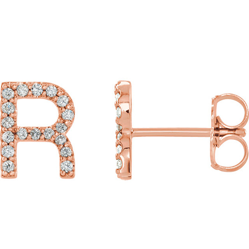 14k Rose Gold Diamond Initial R Earring