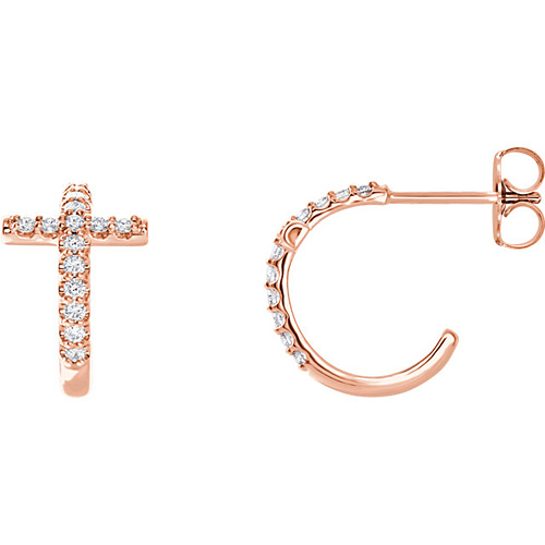 14k Rose Gold 1/4 ct tw Diamond Cross J-Hoop Earrings