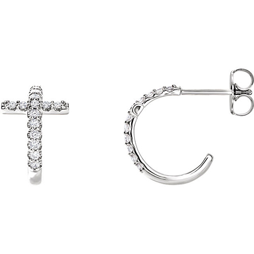 14k White Gold 1/4 ct tw Diamond Cross J-Hoop Earrings