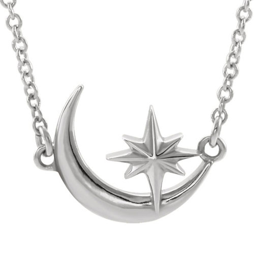 14k White Gold Crescent Moon and Star Necklace JJ86843W | Joy Jewelers