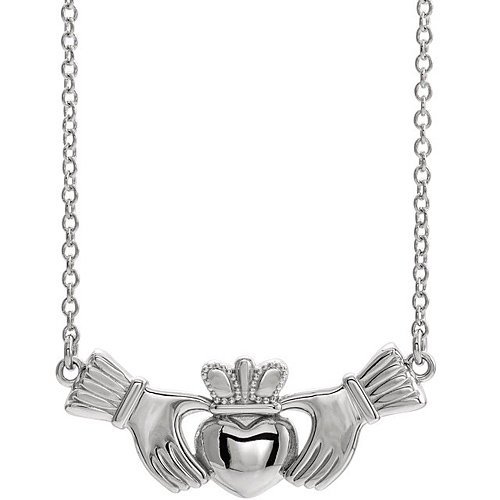 14k White Gold Polished Claddagh Necklace 18in