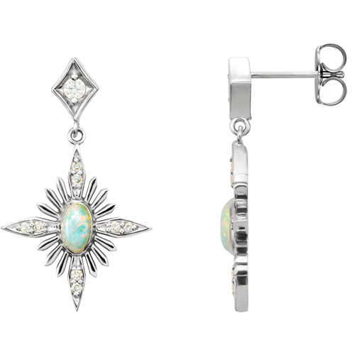 14k White Gold Opal and 1/6 ct tw Diamond Celestial Earrings