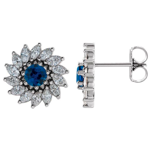 14k White Gold 1.3 ct Blue Sapphire and 1 3/8 ct tw Marquise-cut Diamond Halo Earrings