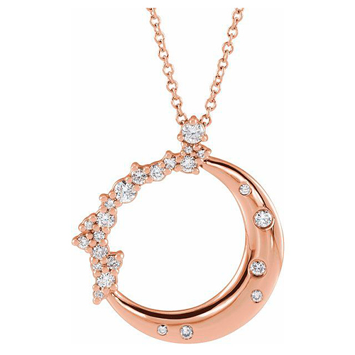 14k Rose Gold 1/4 ct tw Diamond Crescent Moon and Stars Necklace