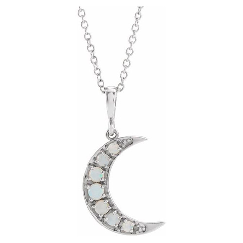 14k White Gold Opal Crescent Moon Necklace