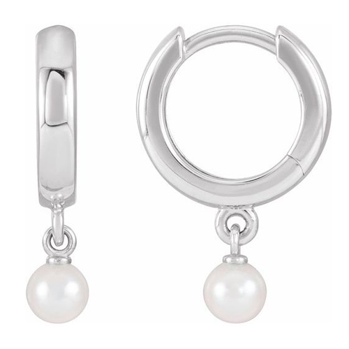 14k White Gold Cultured Seed Pearl Dangle Hoop Earrings