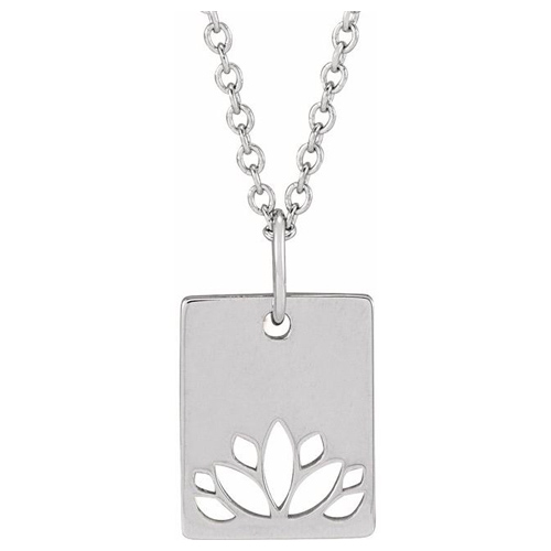 14k White Gold Cut-out Lotus Dog Tag Necklace