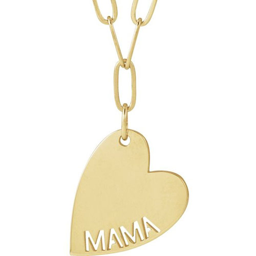 14k Yellow Gold Mama Heart Paper Clip Link Necklace