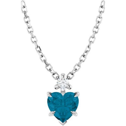 14k White Gold Blue Topaz Heart and Diamond Necklace