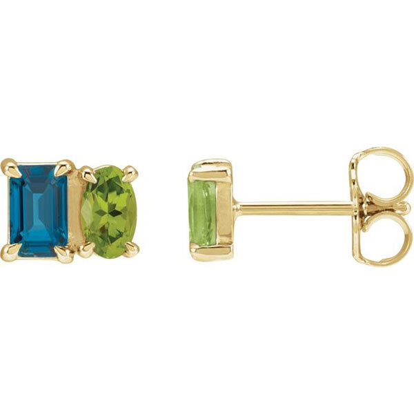 14k Yellow Gold London Blue Topaz and Peridot Two-Stone Stud Earrings