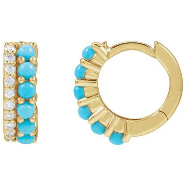 14k Yellow Gold Turquoise and 1/8 ct tw Diamond Huggie Hoop Earrings