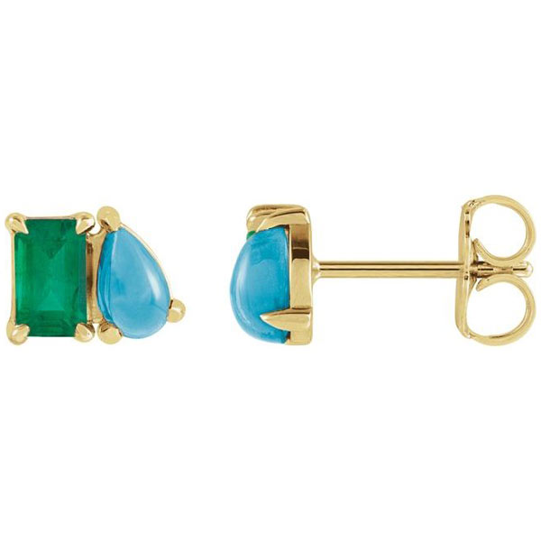 14k Yellow Gold Lab-Grown Emerald and Natural Turquoise Two-Stone Stud Earrings