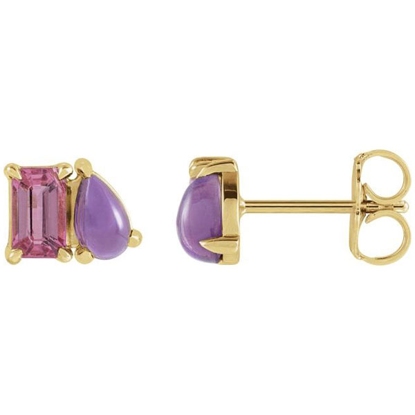 14k Yellow Gold Pink Tourmaline and Amethyst Two-Stone Stud Earrings