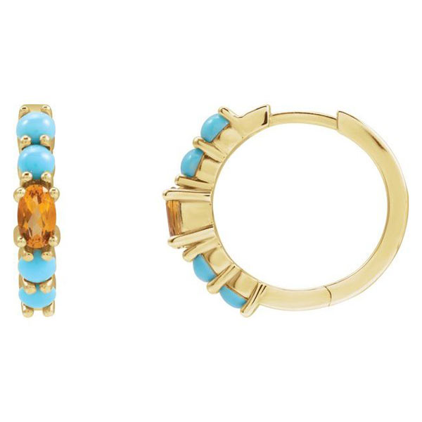 14k Yellow Gold Turquoise and Citrine Huggie Hoop Earrings