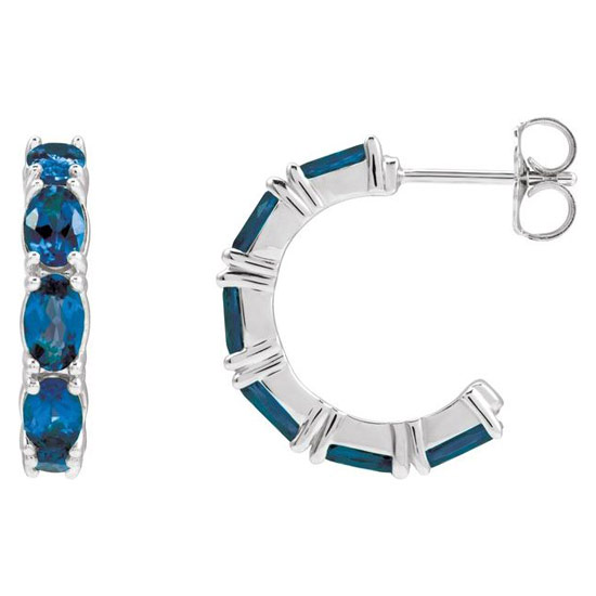 14k White Gold Oval-cut Blue Sapphire Open Hoop Earrings