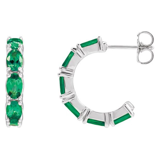 14k White Gold Oval-cut Emerald Open Hoop Earrings