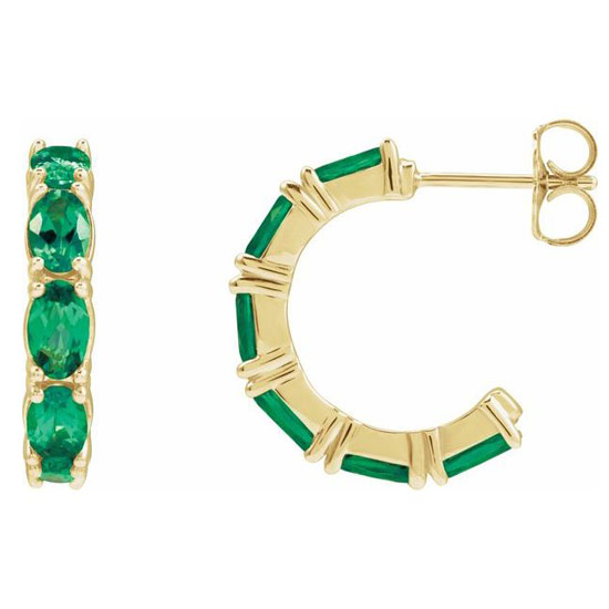 14k Yellow Gold Oval-cut Emerald Open Hoop Earrings