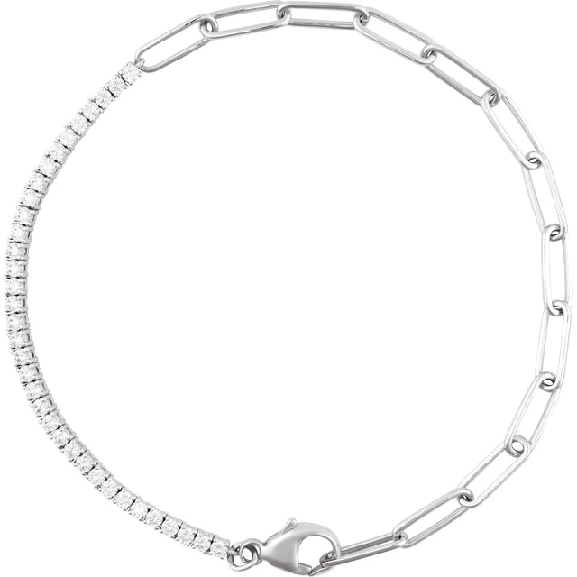 14k White Gold 1 ct tw Diamond Line and Paper Clip Link Bracelet